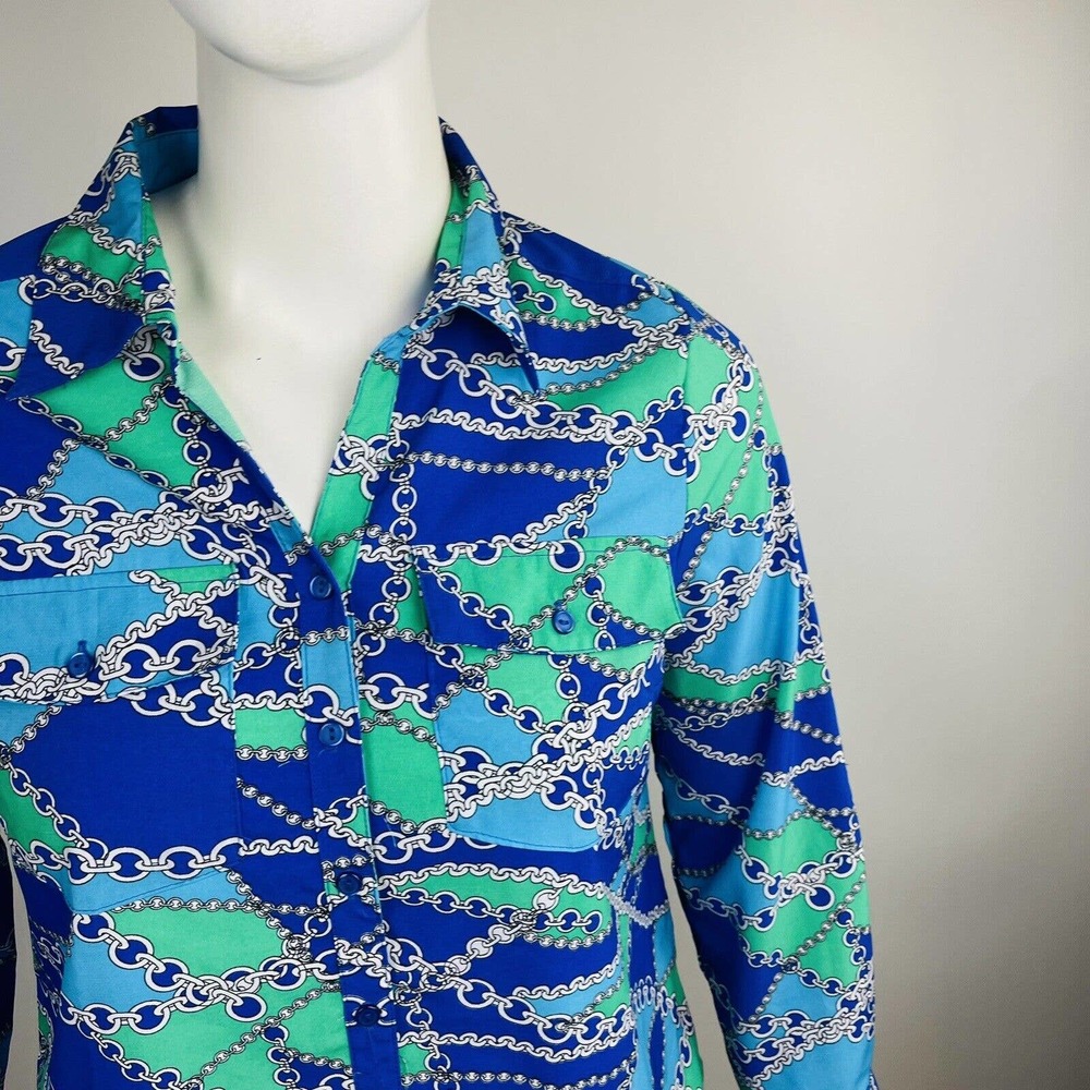 Notations Career Womans Sz Petite XL Blouse Long Sleeve Top Blue Chain - Picture 4 of 8